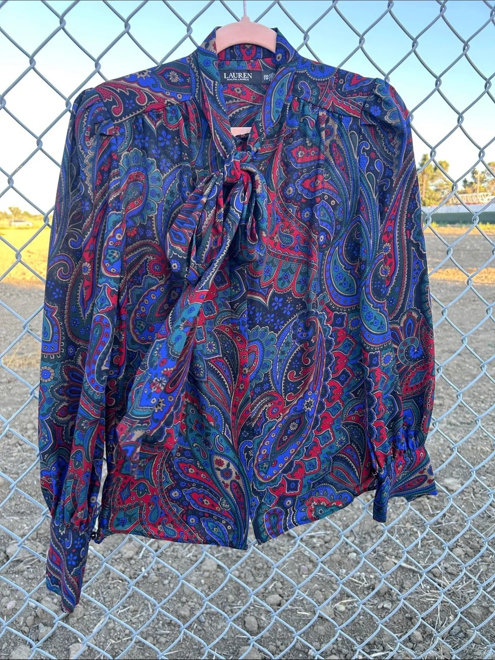 Lauren Ralph Lauren equestrian blue red & purple Paisley Tie-Neck Blouse - Picture 9 of 12